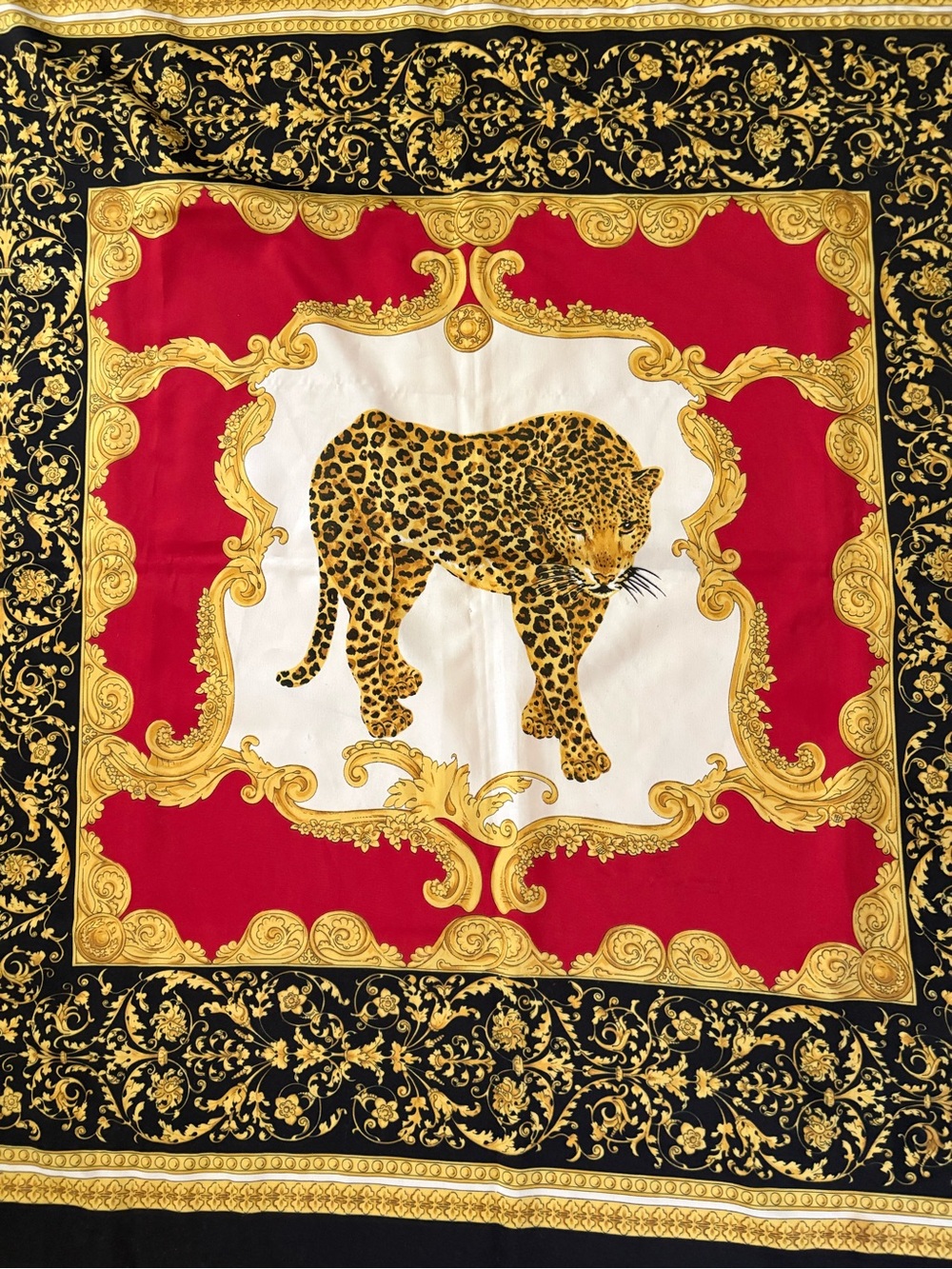 Leopard 🐆 Vintage Silk Scarf in Black, Red & Gold - Picture 2 of 3